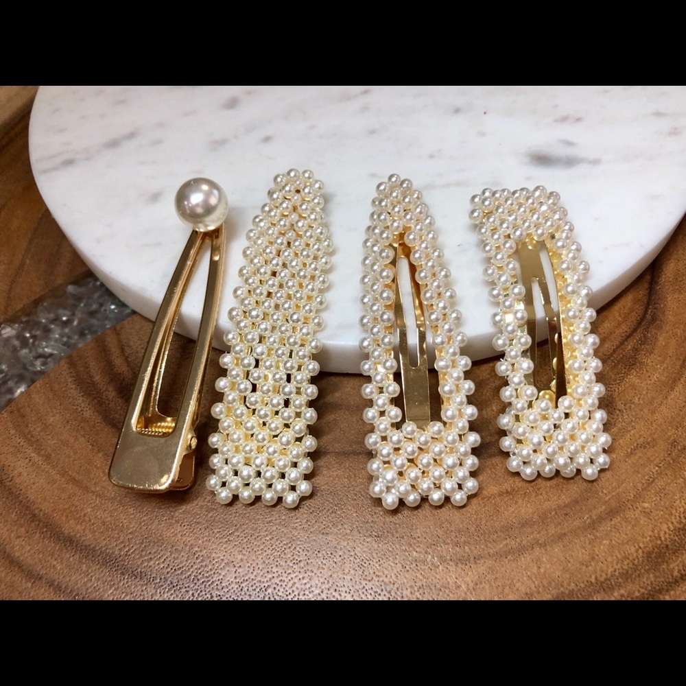 4 Piece Pearl Gold Hair Barrette - Picture 3 of 7